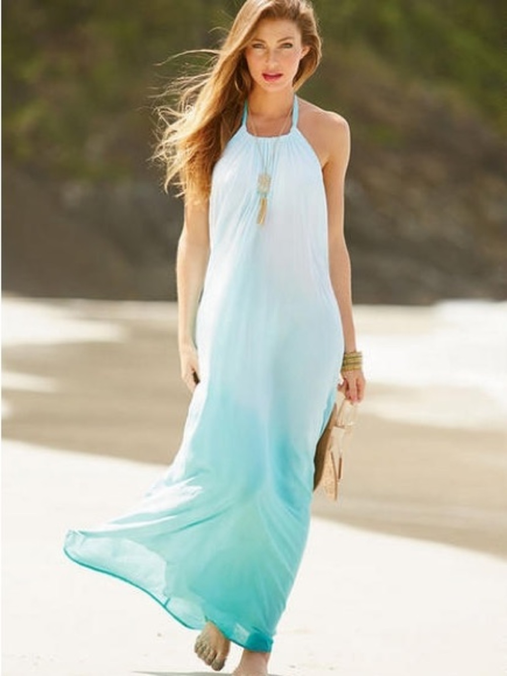 Elan Ombre Halter Maxi Dress in Light Blue to Aqua